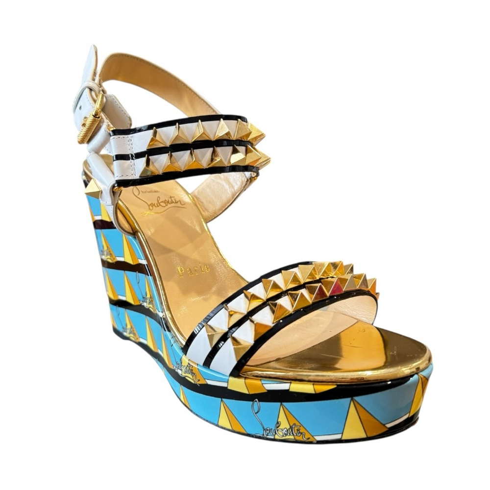 Christian Louboutin Griotta Wedge Sandal Size 37 White Gold Turquoise - Picture 2 of 8